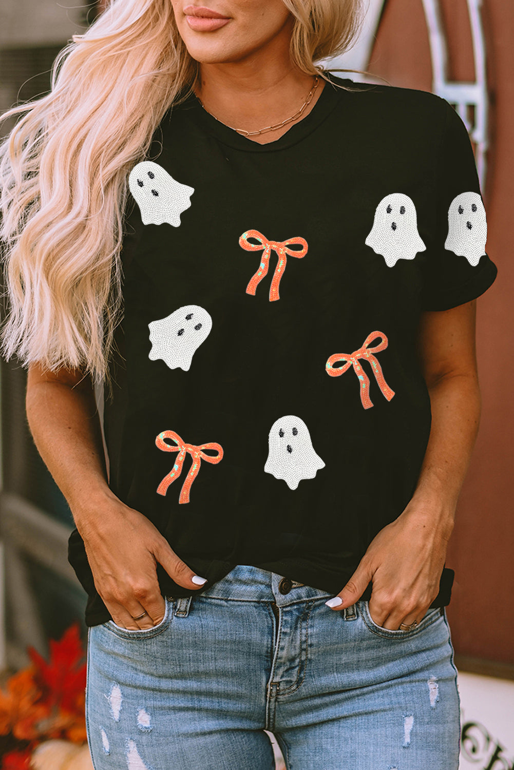 Black Sequin Bow Ghost Patch Halloween Graphic Tee