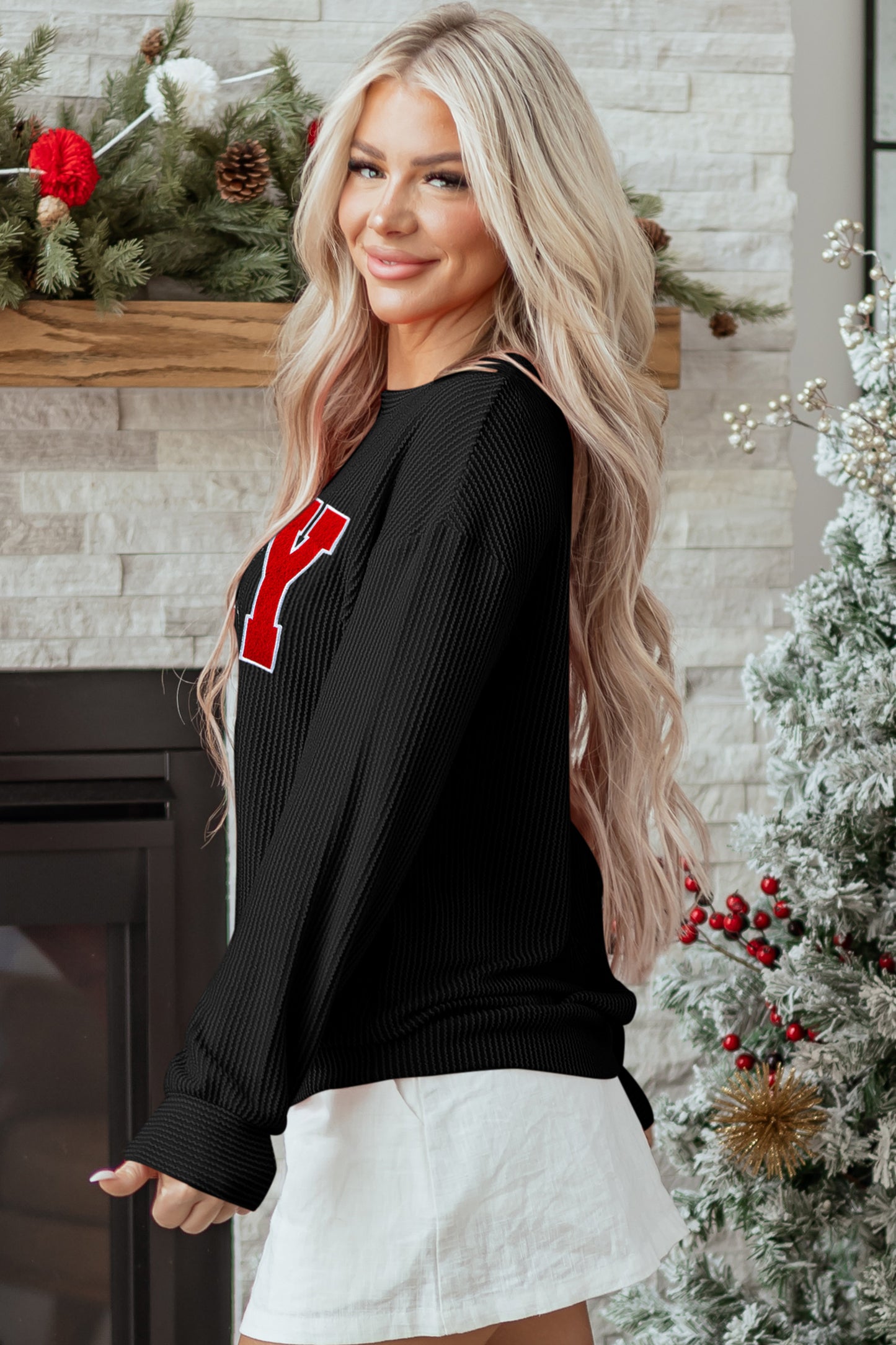 Red Twisted Rib MERRY Loose Long Sleeve Top