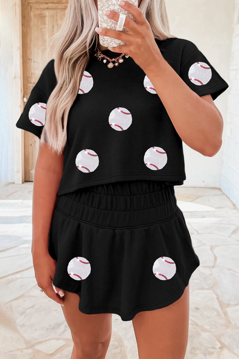 Black Baseball Print Skort Set