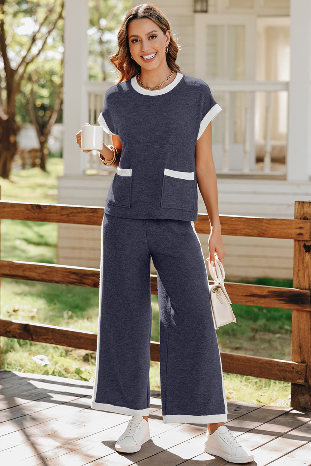 Navy Blue Color Block Pocketed Tee and Wide Leg Pants Set