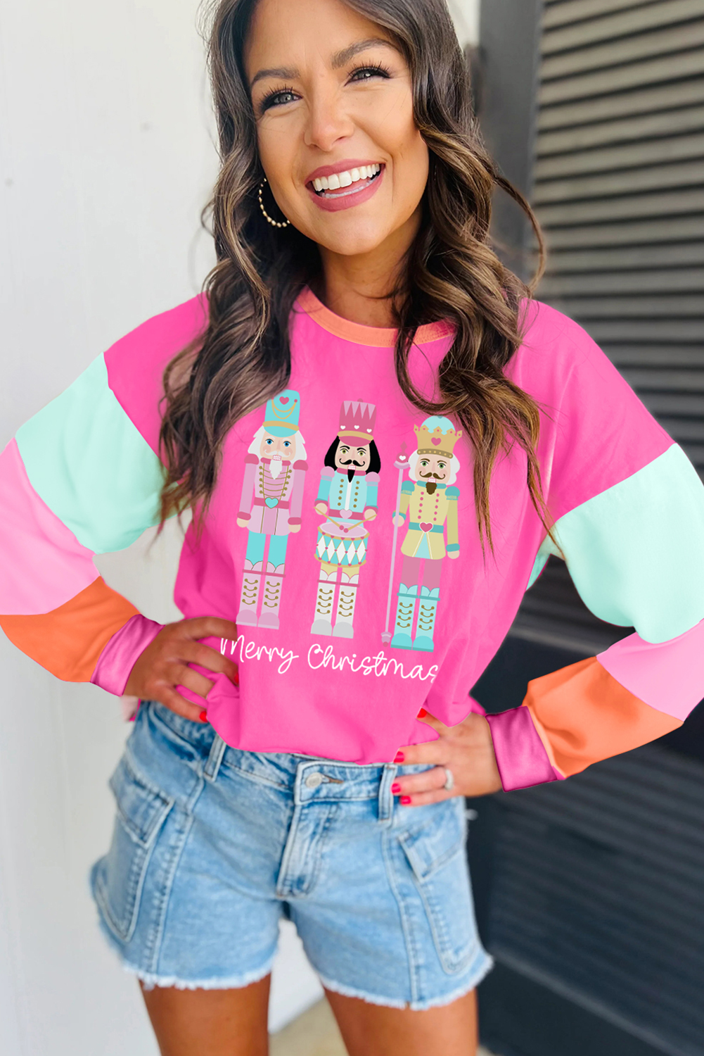 Hot Pink Nutcracker Merry Christmas Graphic Colorblock Long Sleeve Tee