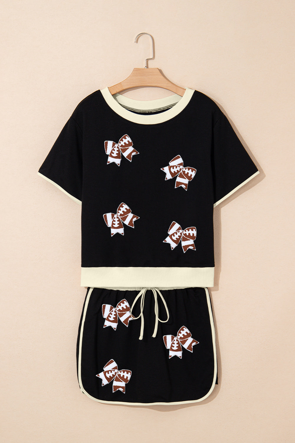 Black Sequin Football Bow Patch Colorblock Edge Tee and Skort Set