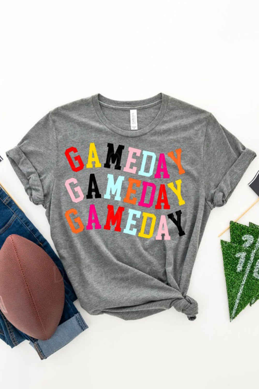Gray Colorful GAME DAY Graphic Crew T Shirt
