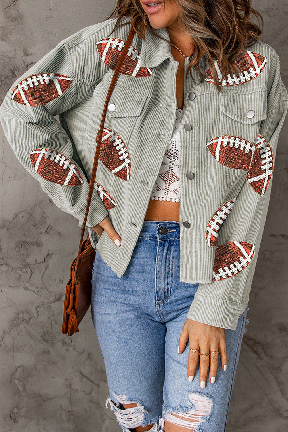Sky Blue Sequined Football Patch Ribbed Jacket