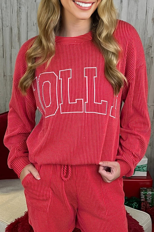 Red Twisted Rib MERRY Loose Long Sleeve Top