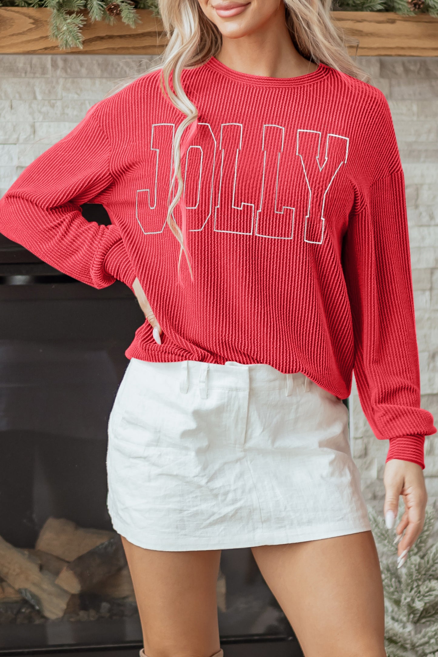 Red Twisted Rib MERRY Loose Long Sleeve Top