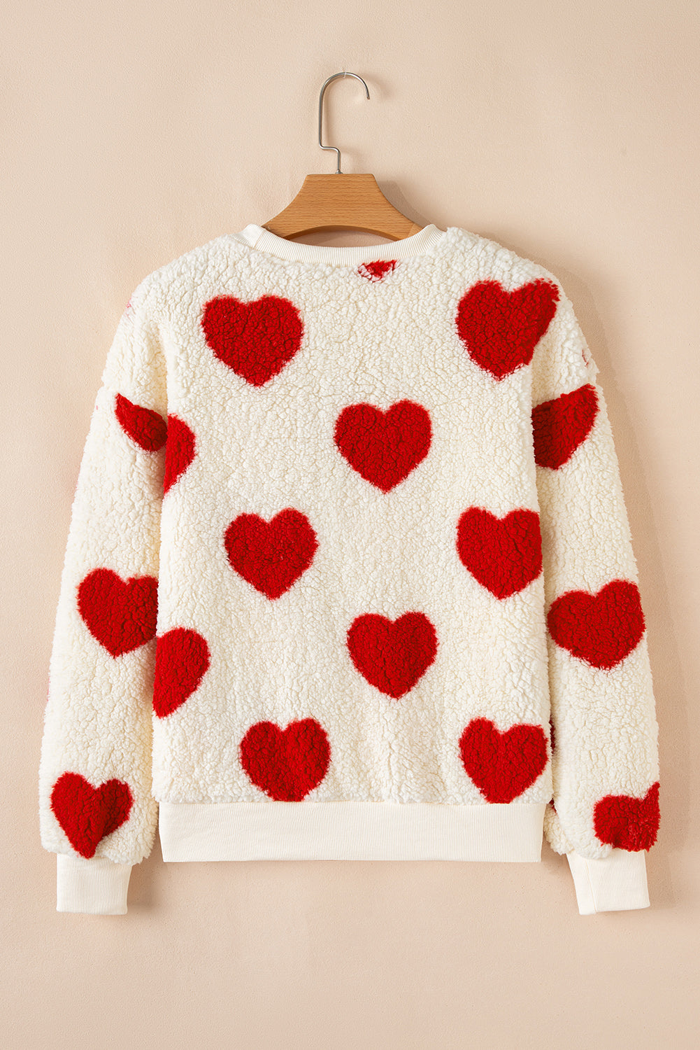 Red Heart Shape Drop Shoulder Crewneck Plush Sweatshirt