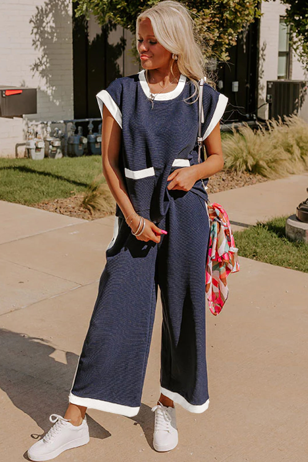 Navy Blue Color Block Pocketed Tee and Wide Leg Pants Set