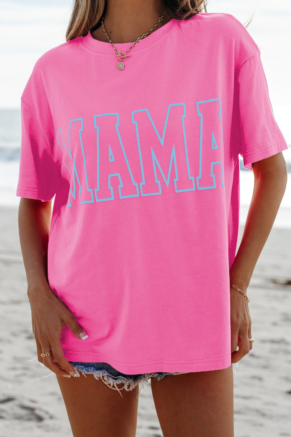 Bright Pink MAMA Letter Graphic Neon Tee