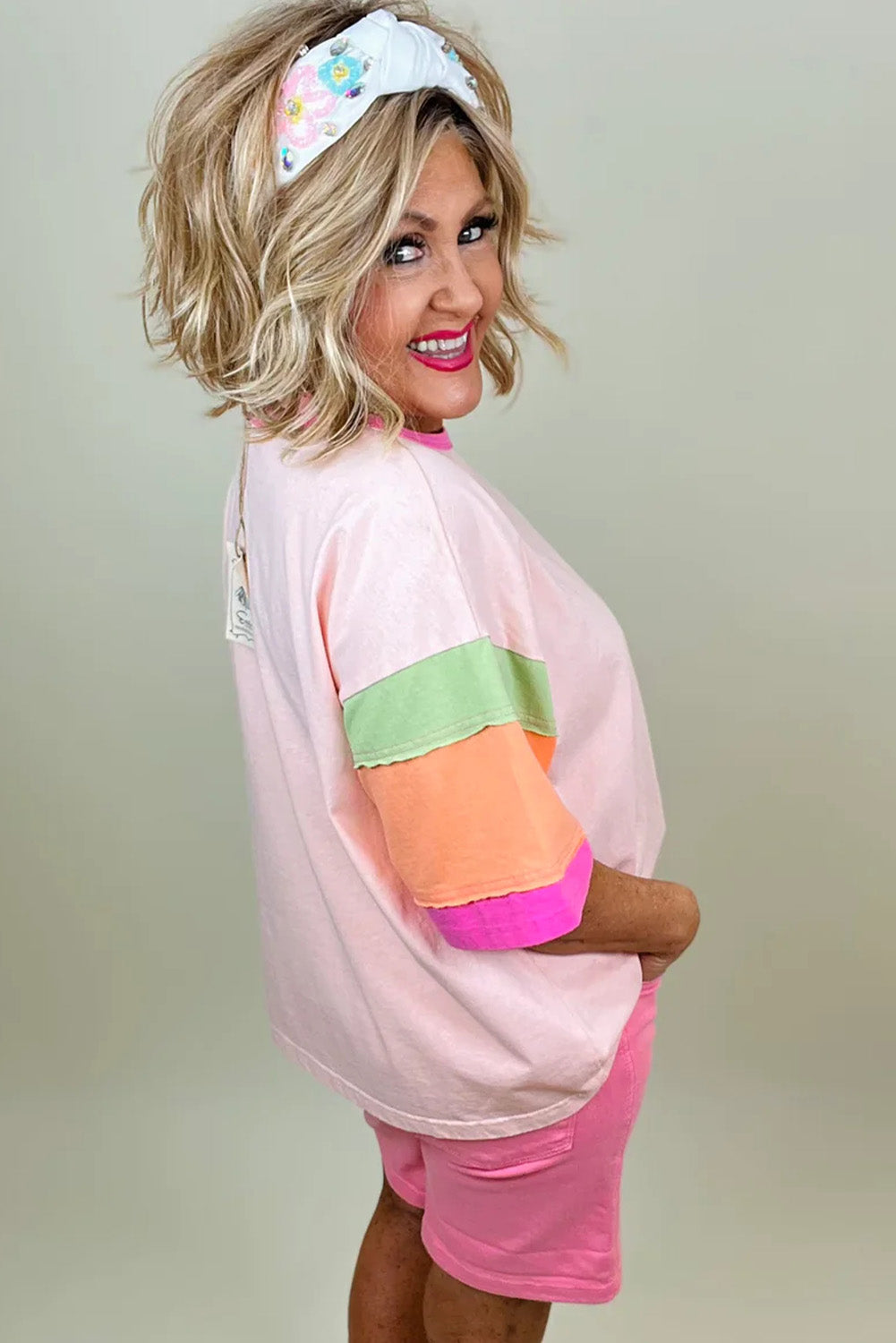 Pink Color Block Half Sleeve O Neck Plus Size Tee