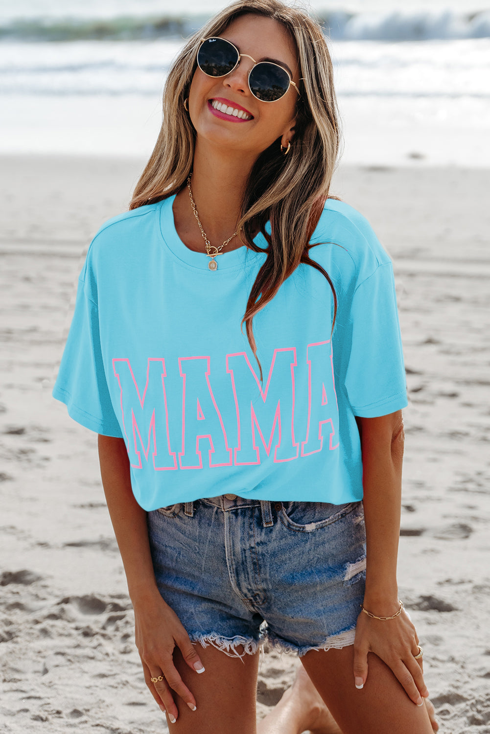 Light Blue MAMA Letter Graphic Neon T Shirt