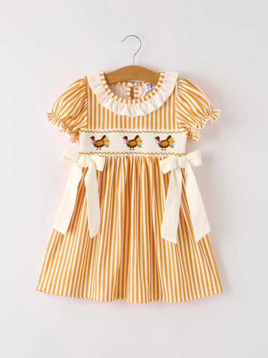 Rylee Faith Designs - Fall Orange Pumpkin Smock Embroidery Baby Girl Dress