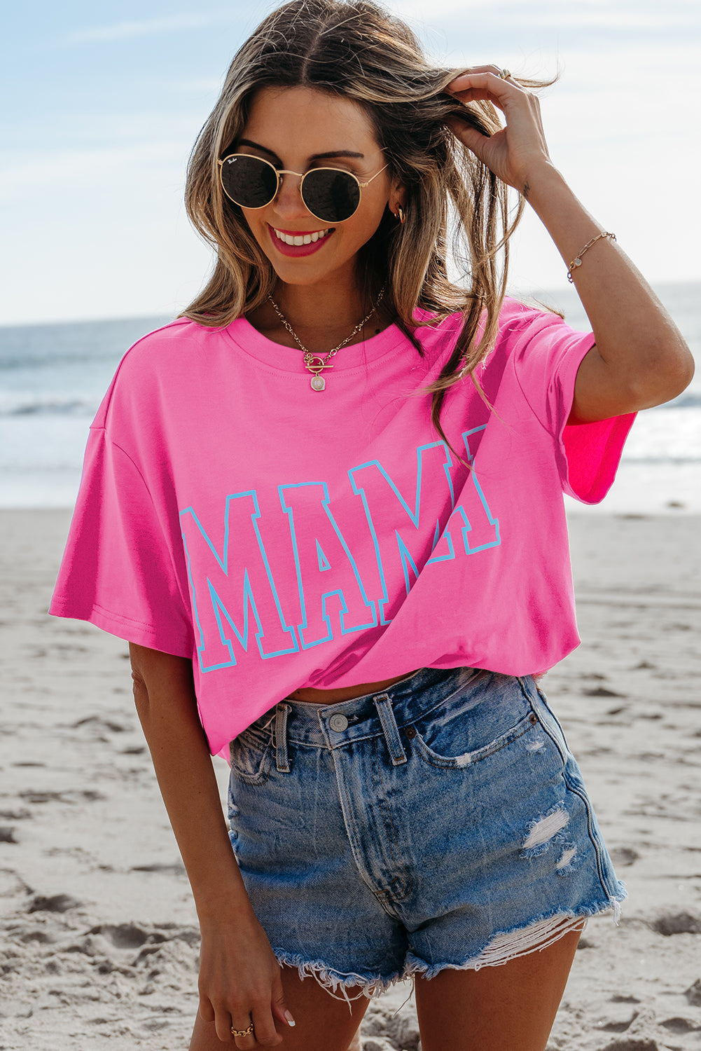 Bright Pink MAMA Letter Graphic Neon Tee