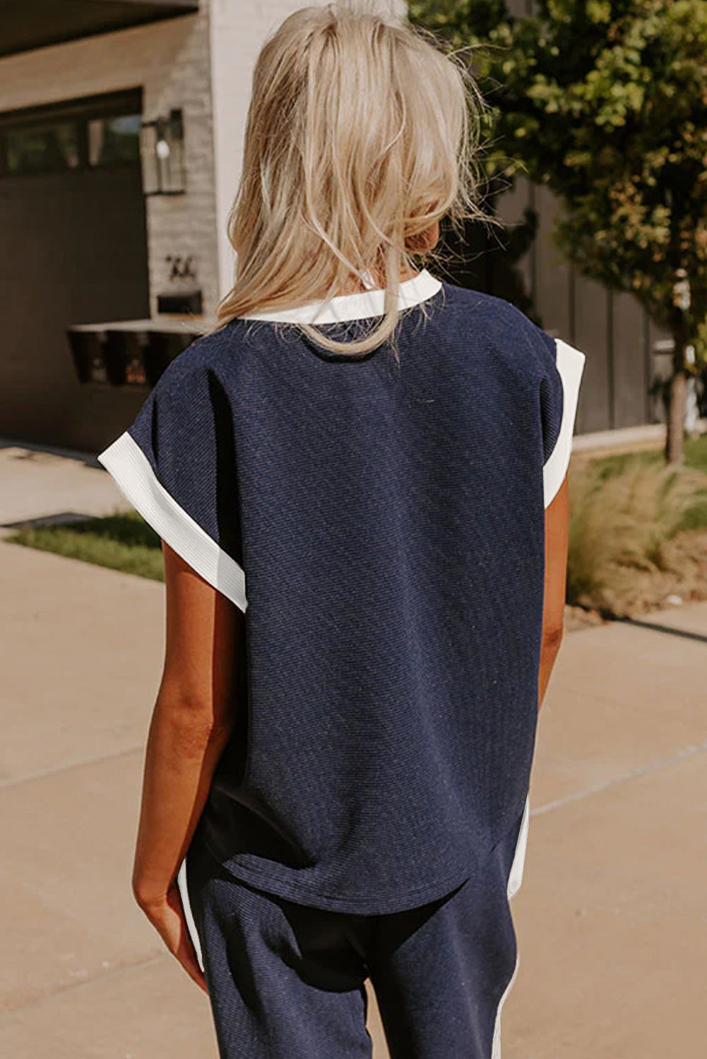 Navy Blue Color Block Pocketed Tee and Wide Leg Pants Set