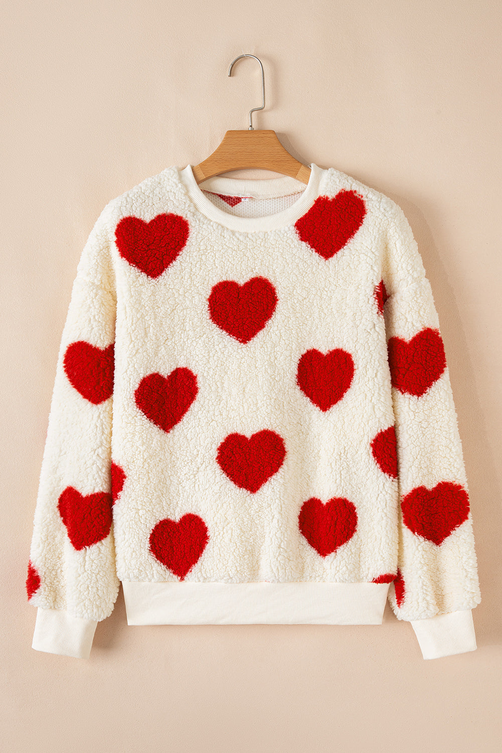 Red Heart Shape Drop Shoulder Crewneck Plush Sweatshirt