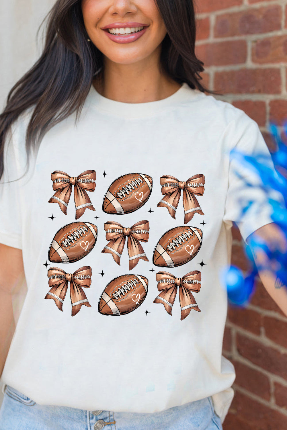 White Football Fashion Bow Print Cotton Blend Tee