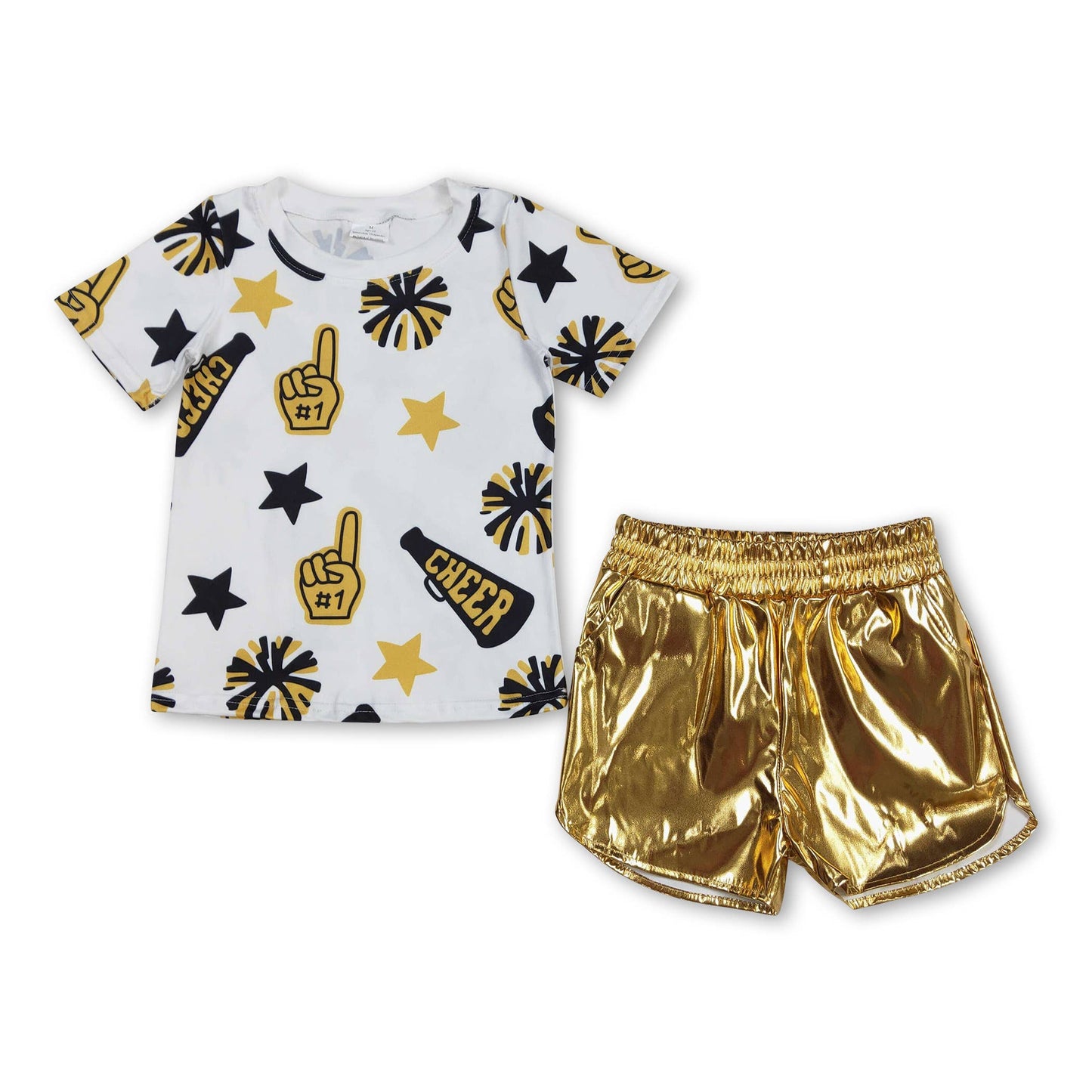 Yawoo Garments - Short sleeves stars cheer top gold shorts girls clothes