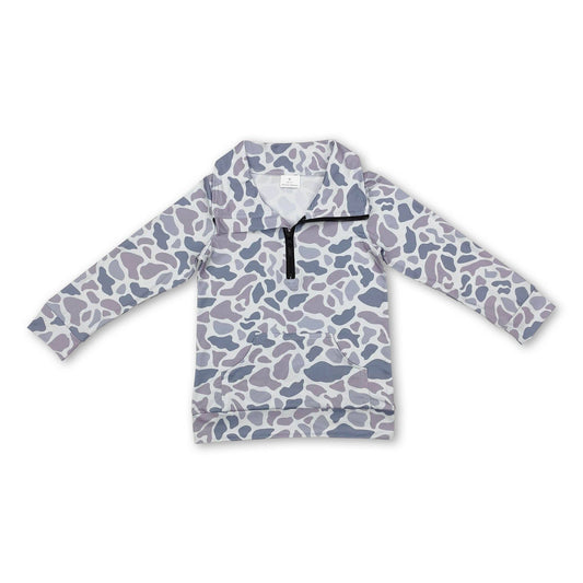 Yawoo Garments - Long sleeves grey camo pocket kids zip pullover