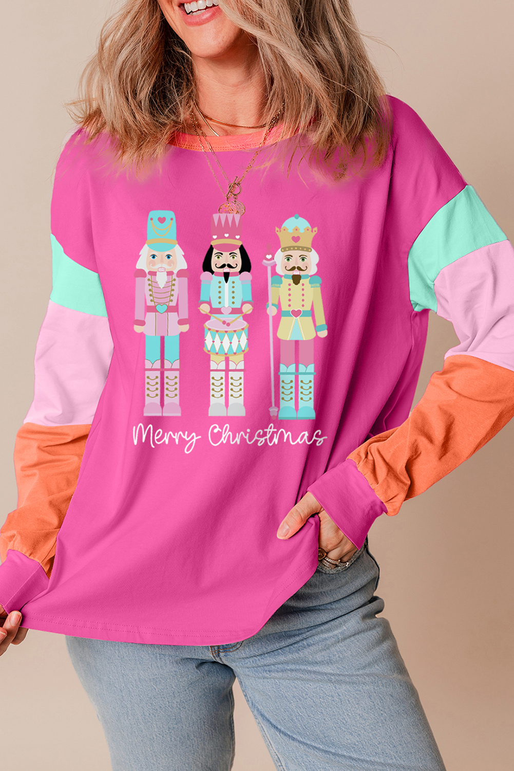 Hot Pink Nutcracker Merry Christmas Graphic Colorblock Long Sleeve Tee