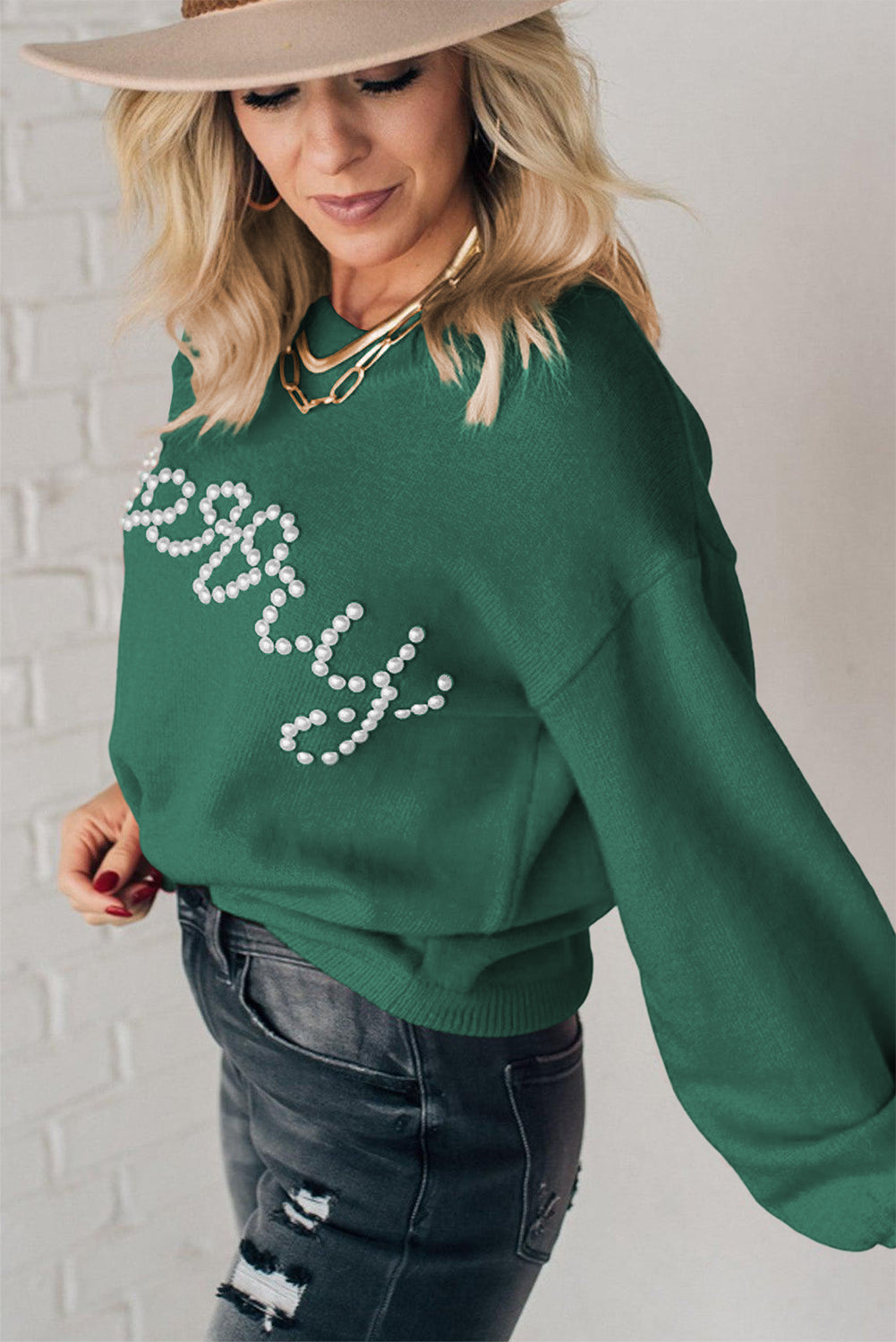 Green Pearl Beaded Merry Casual Sweater