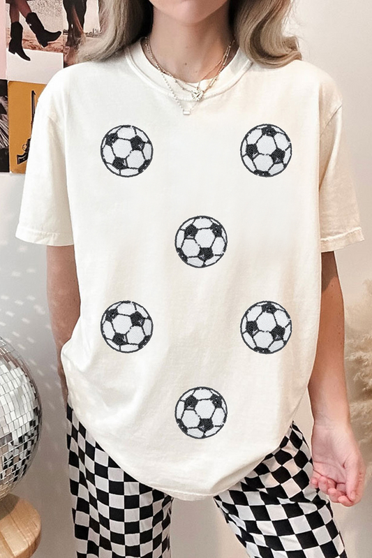 White Sequin Soccer Patched Graphic Game Day Tee