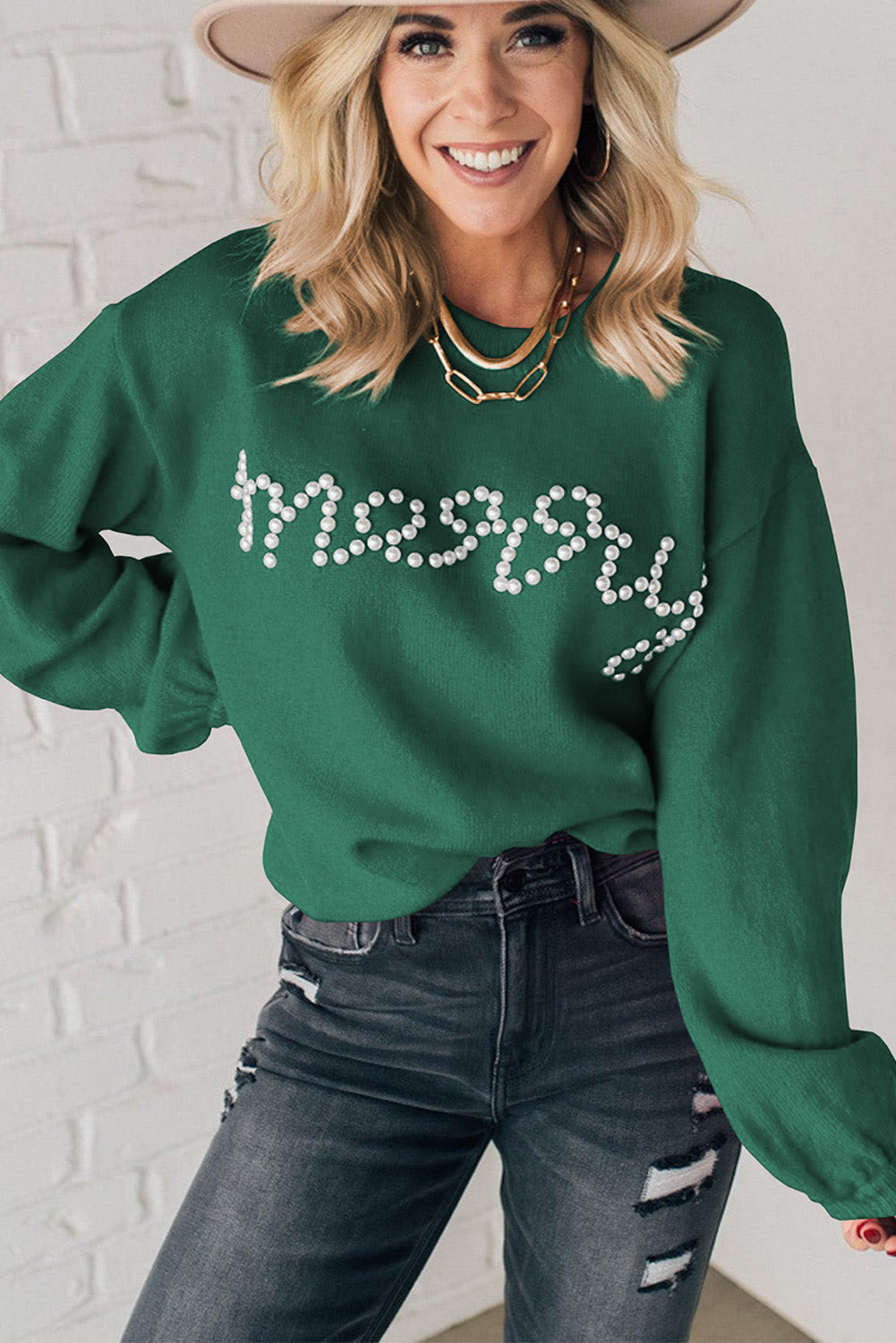 Green Pearl Beaded Merry Casual Sweater