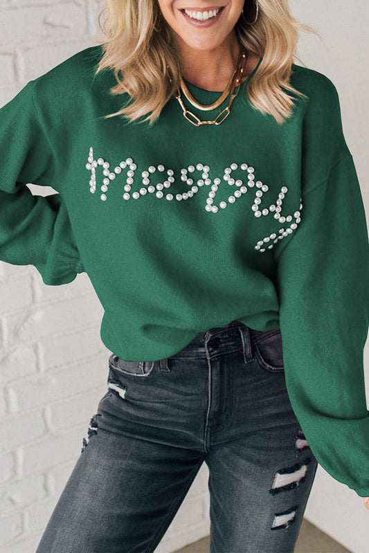 Green Pearl Beaded Merry Casual Sweater