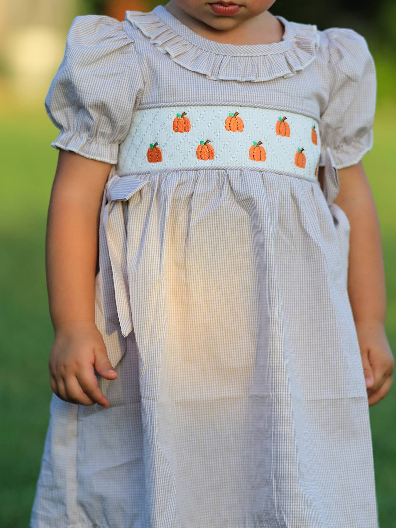 Rylee Faith Designs - Halloween & Thanksgiving Pumpkin Embroidery Smock Plaid Girls Dress