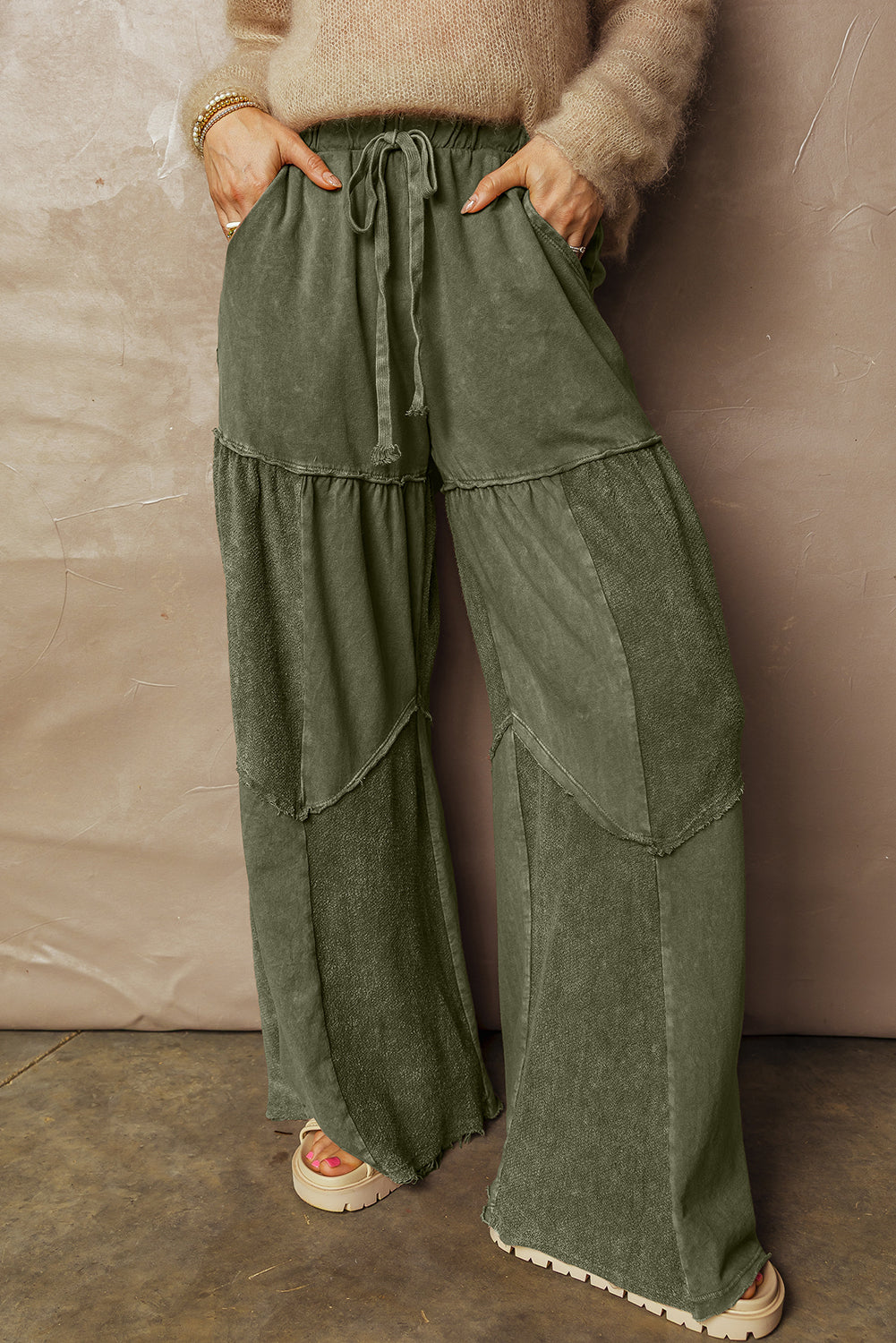Vineyard Green Mineral Wash Tiered Wide Leg Patchwork Drawstring Pants