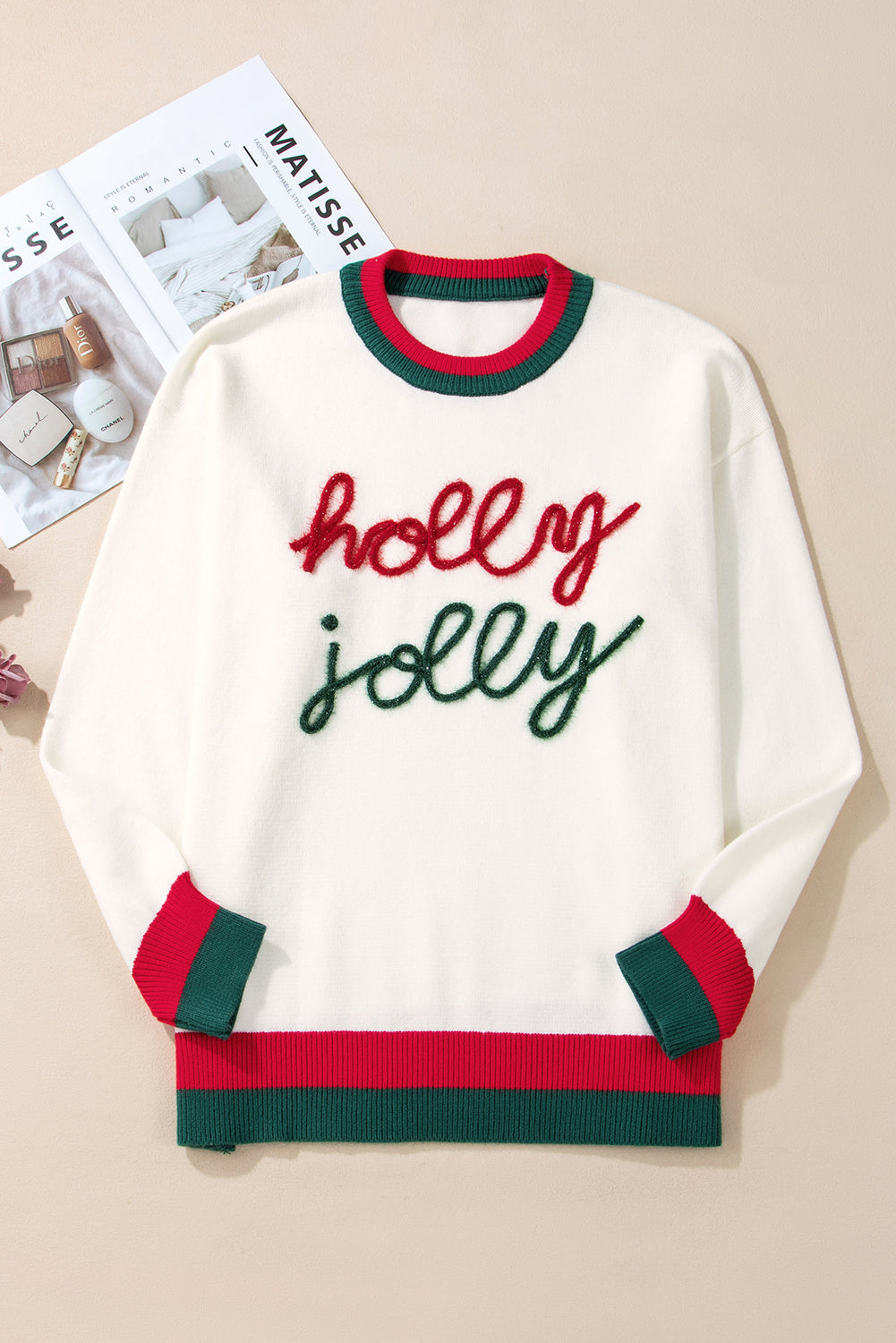 White Tinsel Holly Jolly Pattern Colorblock Edge Drop Shoulder Plus Size Sweater
