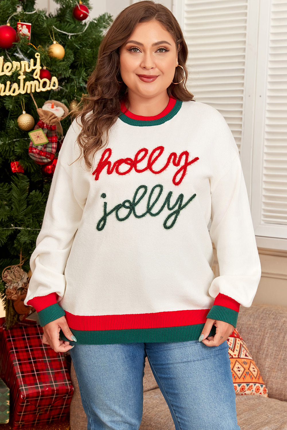 White Tinsel Holly Jolly Pattern Colorblock Edge Drop Shoulder Plus Size Sweater