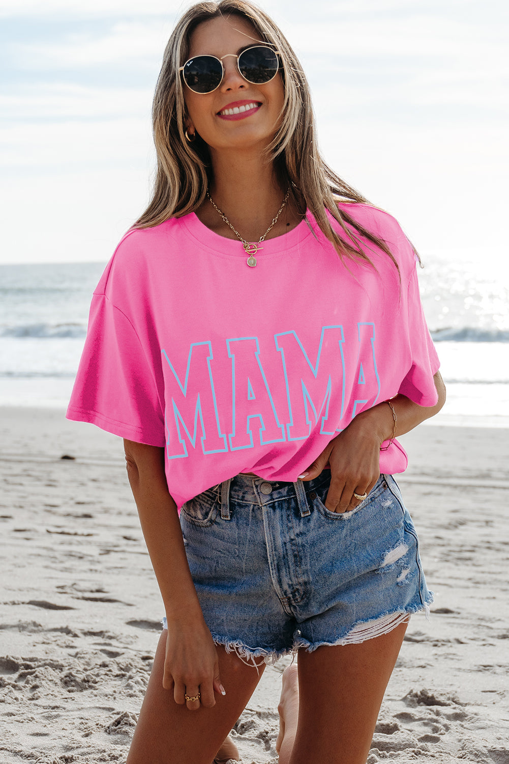 Bright Pink MAMA Letter Graphic Neon Tee