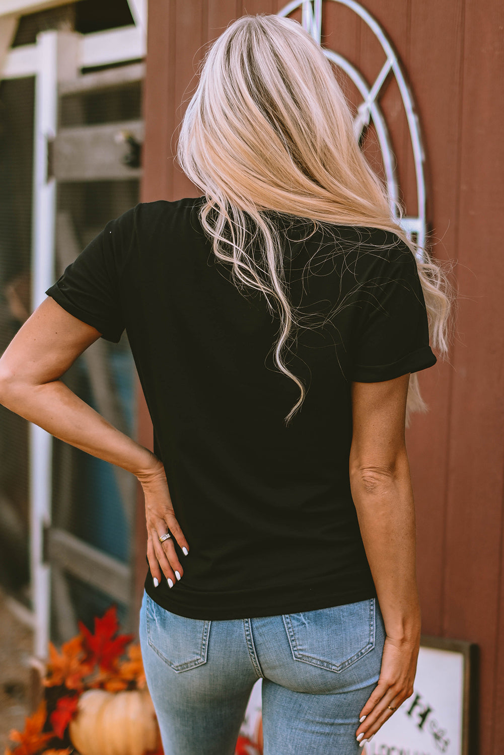 Black Sequin Bow Ghost Patch Halloween Graphic Tee