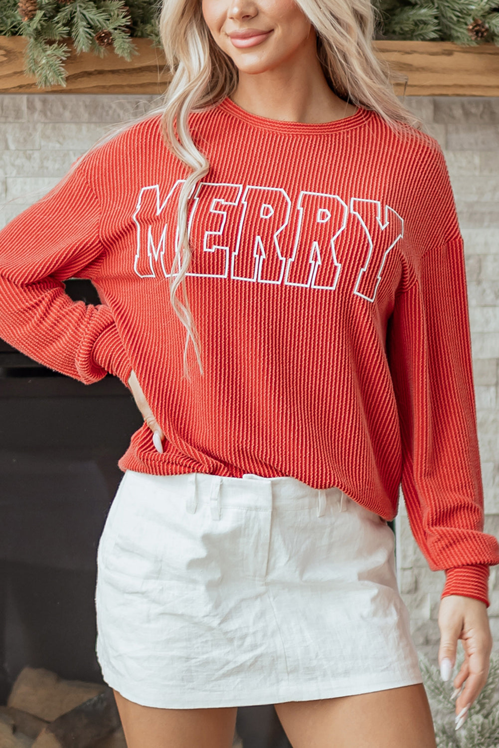 Red Twisted Rib MERRY Loose Long Sleeve Top