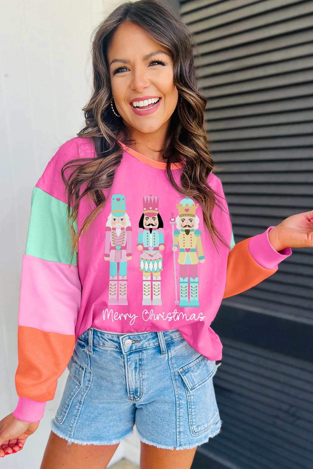 Hot Pink Nutcracker Merry Christmas Graphic Colorblock Long Sleeve Tee