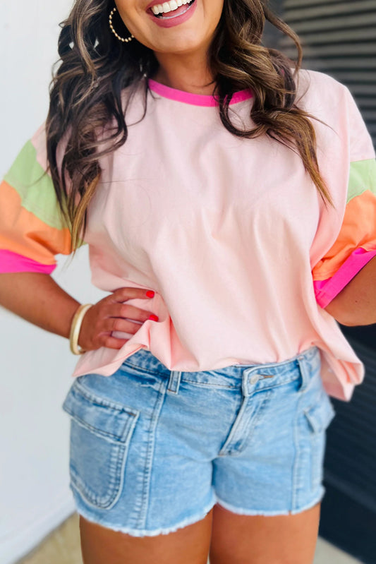 Pink Color Block Half Sleeve O Neck Plus Size Tee
