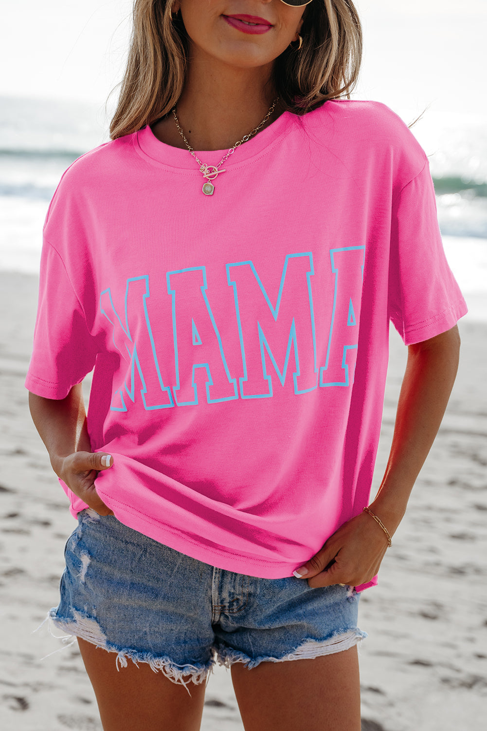 Bright Pink MAMA Letter Graphic Neon Tee