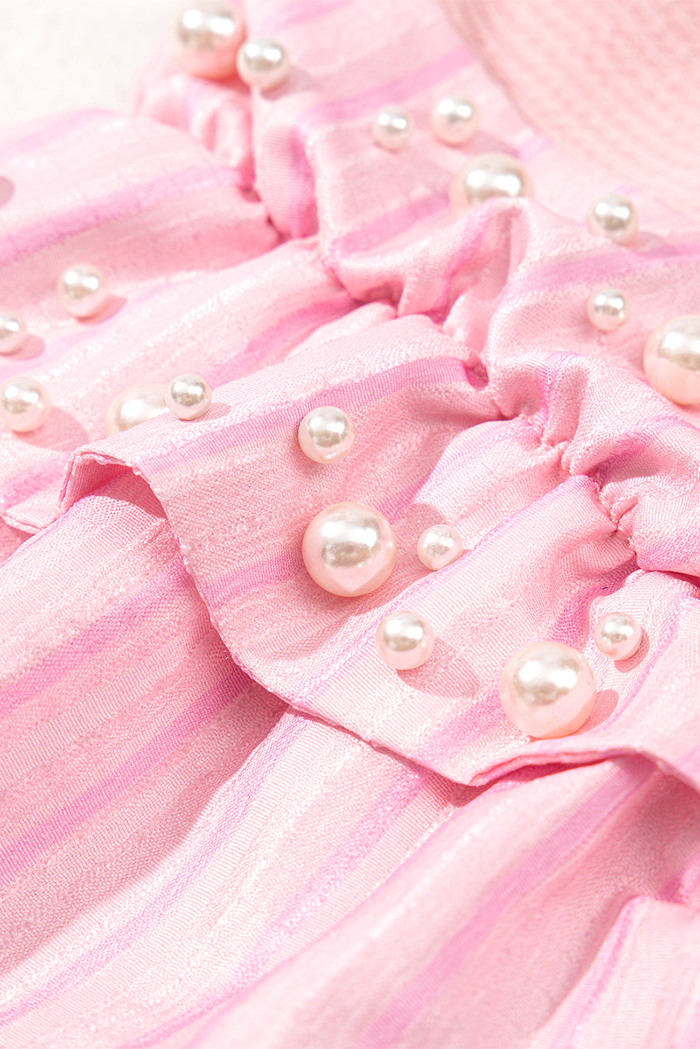 Light Pink Pearl Beaded Ruffle Short Sleeve Patchwork Ribbed Blouse