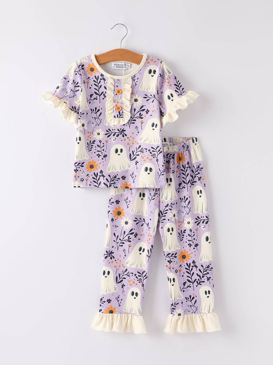Rylee Faith Designs - Halloween Ghost Floral Print Purple Ruffled Girls Pajamas