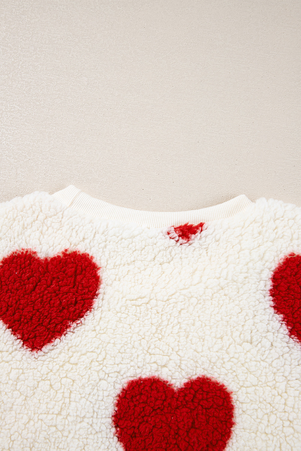 Red Heart Shape Drop Shoulder Crewneck Plush Sweatshirt