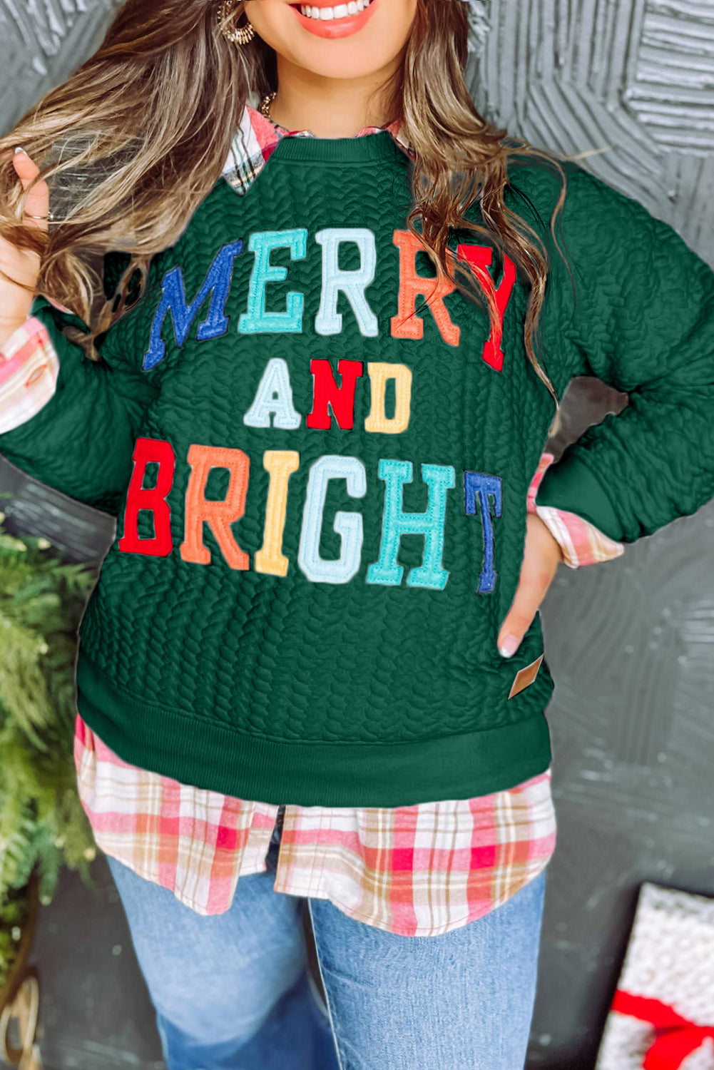 Green Merry And Bright Cable Knit Pullover Sweatshirt