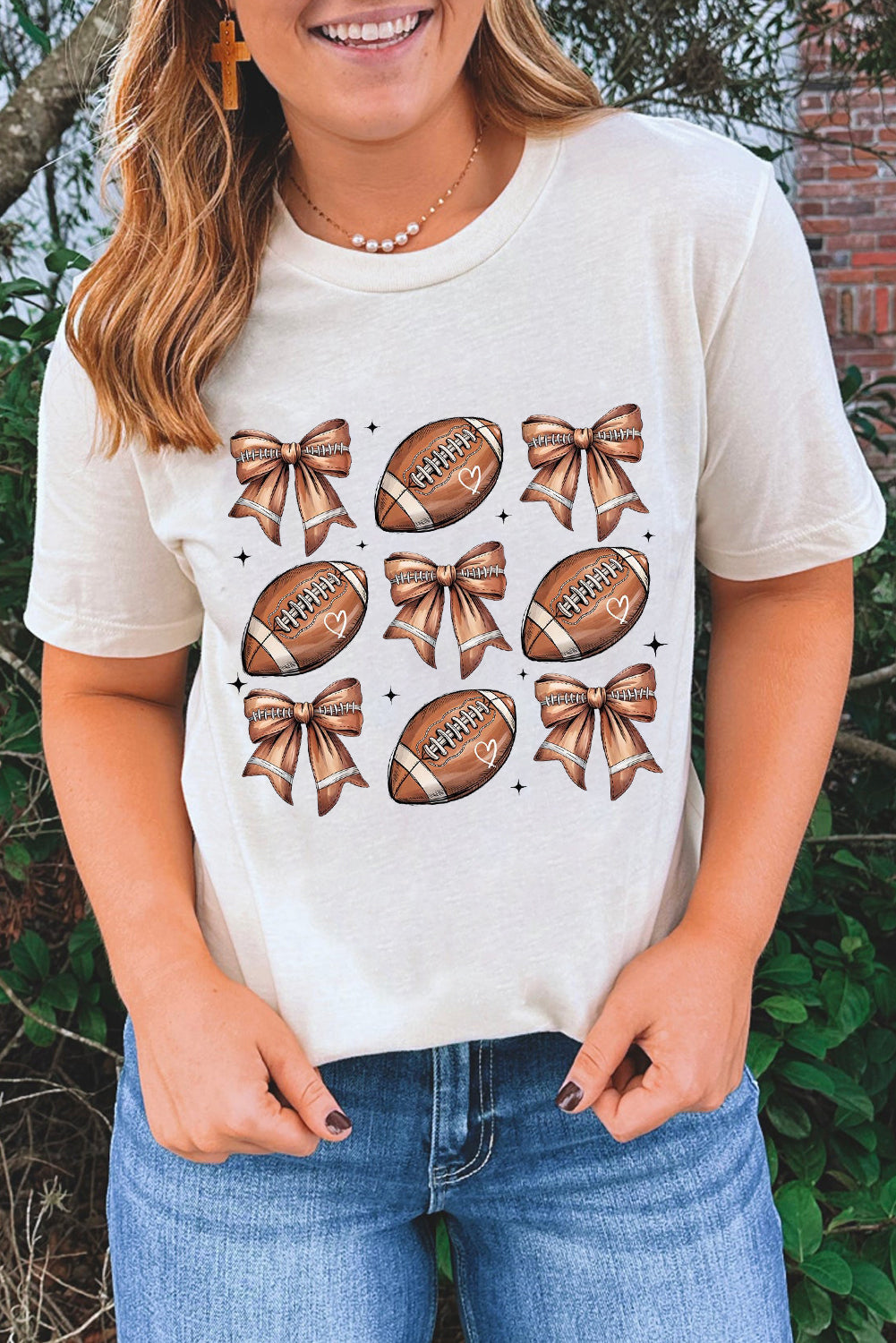White Football Fashion Bow Print Cotton Blend Tee